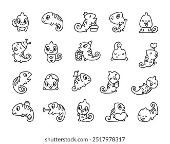 Cute kawaii chameleon. Coloring Page. Funny cartoon character reptile. Hand drawn style. Vector drawing. Collection of design elements.