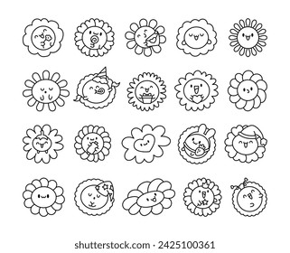 Cute kawaii chamomile. Coloring Page. Flower happy character with smile face. Hand drawn style. Vector drawing. Collection of design elements.