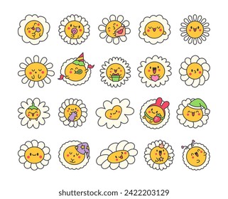 Cute kawaii chamomile. Flower happy character with smile face. Hand drawn style. Vector drawing. Collection of design elements.