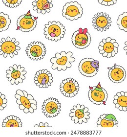 Cute kawaii chamomile. Seamless pattern. Flower happy character with smile face. Hand drawn style. Vector drawing. Design ornaments.