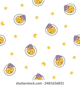 Cute kawaii chamomile. Seamless pattern. Flower happy character with smile face. Hand drawn style. Vector drawing. Design ornaments.