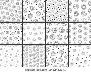 Cute kawaii chamomile. Seamless pattern. Coloring Page. Flower happy character with smile face. Hand drawn style. Vector drawing. Collection of design ornaments.