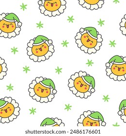 Cute kawaii chamomile. Seamless pattern. Flower happy character with smile face. Hand drawn style. Vector drawing. Design ornaments.