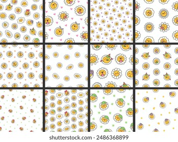 Cute kawaii chamomile. Seamless pattern. Flower happy character with smile face. Hand drawn style. Vector drawing. Collection of design ornaments.