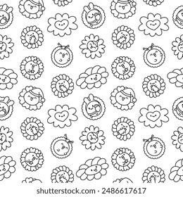 Cute kawaii chamomile. Seamless pattern. Coloring Page. Flower happy character with smile face. Hand drawn style. Vector drawing. Design ornaments.