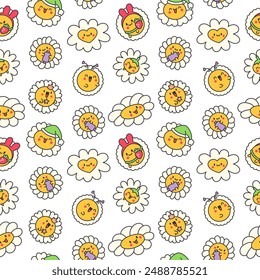 Cute kawaii chamomile. Seamless pattern. Flower happy character with smile face. Hand drawn style. Vector drawing. Design ornaments.