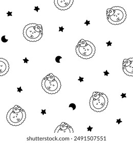 Cute kawaii chamomile. Seamless pattern. Coloring Page. Flower happy character with smile face. Hand drawn style. Vector drawing. Design ornaments.