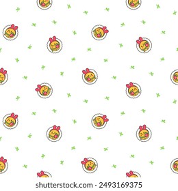 Cute kawaii chamomile. Seamless pattern. Flower happy character with smile face. Hand drawn style. Vector drawing. Design ornaments.