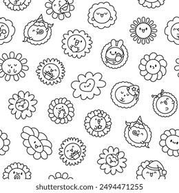 Cute kawaii chamomile. Seamless pattern. Coloring Page. Flower happy character with smile face. Hand drawn style. Vector drawing. Design ornaments.