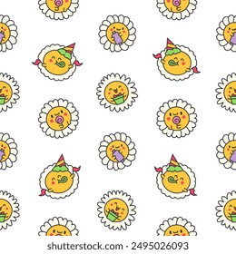 Cute kawaii chamomile. Seamless pattern. Flower happy character with smile face. Hand drawn style. Vector drawing. Design ornaments.