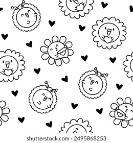 Cute kawaii chamomile. Seamless pattern. Coloring Page. Flower happy character with smile face. Hand drawn style. Vector drawing. Design ornaments.