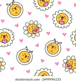 Cute kawaii chamomile. Seamless pattern. Flower happy character with smile face. Hand drawn style. Vector drawing. Design ornaments.