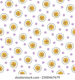 Cute kawaii chamomile. Seamless pattern. Flower happy character with smile face. Hand drawn style. Vector drawing. Design ornaments.