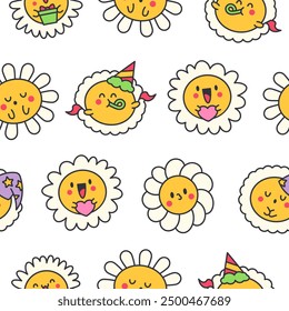 Cute kawaii chamomile. Seamless pattern. Flower happy character with smile face. Hand drawn style. Vector drawing. Design ornaments.