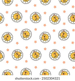 Cute kawaii chamomile. Seamless pattern. Flower happy character with smile face. Hand drawn style. Vector drawing. Design ornaments.