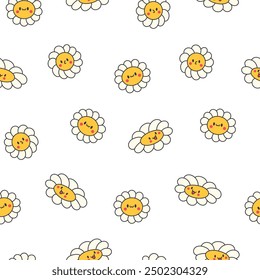 Cute kawaii chamomile. Seamless pattern. Flower happy character with smile face. Hand drawn style. Vector drawing. Design ornaments.