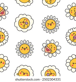 Cute kawaii chamomile. Seamless pattern. Flower happy character with smile face. Hand drawn style. Vector drawing. Design ornaments.