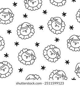 Cute kawaii chamomile. Seamless pattern. Coloring Page. Flower happy character with smile face. Hand drawn style. Vector drawing. Design ornaments.