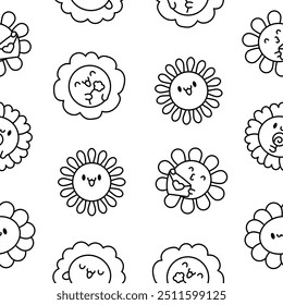 Cute kawaii chamomile. Seamless pattern. Coloring Page. Flower happy character with smile face. Hand drawn style. Vector drawing. Design ornaments.