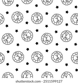 Cute kawaii chamomile. Seamless pattern. Coloring Page. Flower happy character with smile face. Hand drawn style. Vector drawing. Design ornaments.