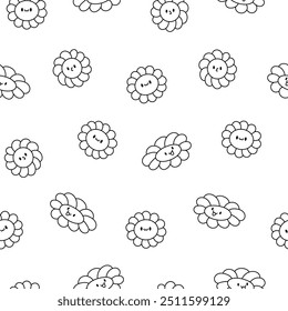 Cute kawaii chamomile. Seamless pattern. Coloring Page. Flower happy character with smile face. Hand drawn style. Vector drawing. Design ornaments.