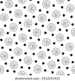 Cute kawaii chamomile. Seamless pattern. Coloring Page. Flower happy character with smile face. Hand drawn style. Vector drawing. Design ornaments.