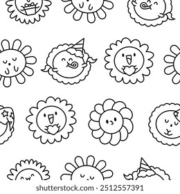 Cute kawaii chamomile. Seamless pattern. Coloring Page. Flower happy character with smile face. Hand drawn style. Vector drawing. Design ornaments.