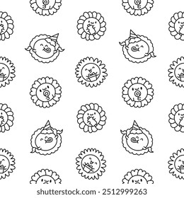 Cute kawaii chamomile. Seamless pattern. Coloring Page. Flower happy character with smile face. Hand drawn style. Vector drawing. Design ornaments.