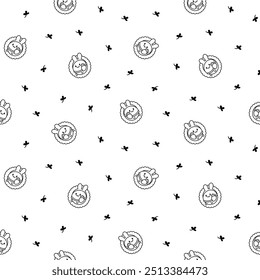 Cute kawaii chamomile. Seamless pattern. Coloring Page. Flower happy character with smile face. Hand drawn style. Vector drawing. Design ornaments.