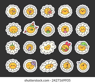 Cute kawaii chamomile. Sticker Bookmark. Flower happy character with smile face. Hand drawn style. Vector drawing. Collection of design elements.