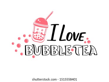 Cute kawaii  character black Tapioca pearls and lettering I love Bubble tea. Cartoon vector illustration of ball tapioca or boba. Boba tea, milk tea, Taiwanese drink. Hand drawn Doodle. Asian product.