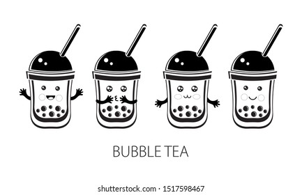 Cute kawaii  character black Tapioca pearls. Bubble tea. Cartoon vector illustration of ball tapioca or boba. Boba tea, milk tea, Taiwanese drink. Hand drawn Doodle. Black and white. Asian product.