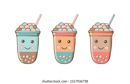 Cute kawaii  character black Tapioca pearls. Bubble tea isolated on white background. Cartoon vector illustration of ball tapioca or boba. Boba tea, milk tea, Taiwanese drink. Hand drawn Doodle.