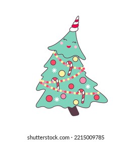 Cute kawaii character Christmas tree isolated on white background. Holiday design element for greeting card and print for t-shirt. Vector illustration.