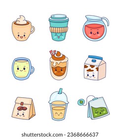 Cute kawaii character coffee tea. Cartoon cup mug jug glass packaging bag. Vector drawing. Collection of design elements.