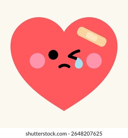 A cute kawaii character of a crying red heart with a bandage. This emoji style icon represents sadness, hurt feelings, emotional pain, heartbreak, and feeling unwell