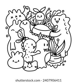 Cute and kawaii character in doodle art for coloring book or design print. vector illustration design
