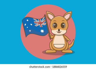Cute Kawaii Character Kangaroo Holding Flag for Australia Day. Vector Illustration for Banner, Poster, Social Media Post, Flyer