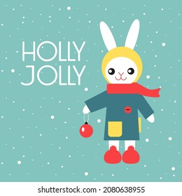 Cute kawaii character rabbit in winter clothes and a hat holding a  tree toy. Christmas and New Year greeting card. Wish HOLLY JOLLY. Vector illustration flat style, green background.