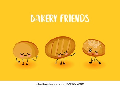 cute kawaii characters, bakery products. Bread, roll and loaf.