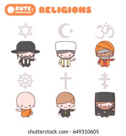Cute kawaii characters set: People of different religions. Judaism Rabbi. Buddhism Monk. Hinduism Brahman. Catholicism Priest. Christianity Holy father. Islam Muslim. Religion vector symbols. Cartoon
