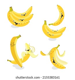 Cute kawaii characters vector set. Bananas with face emoticons. Funny stickers, flat cartoon style