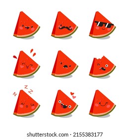 Cute kawaii characters vector set. Watermelon with face emoticons. Funny stickers, flat cartoon style