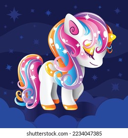 Cute kawaii charming 3d unicorn on a cloud in the night sky