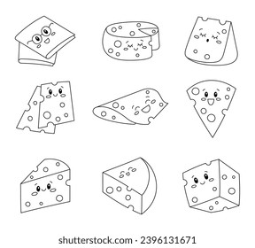 Queso kawaii. Colorante de página. Graciosos personajes de comida feliz. El menú del restaurante infantil. Estilo dibujado a mano. Dibujo de vectores. Colección de elementos de diseño.