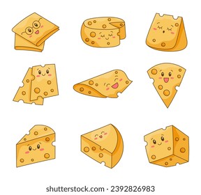 Queso kawaii. Graciosos personajes de comida feliz. El menú del restaurante infantil. Estilo dibujado a mano. Dibujo de vectores. Colección de elementos de diseño.