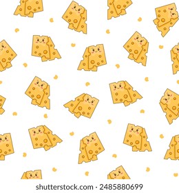 Cute kawaii cheese. Seamless pattern. Funny happy food characters. Childrens restaurant menu. Hand drawn style. Vector drawing. Design ornaments.