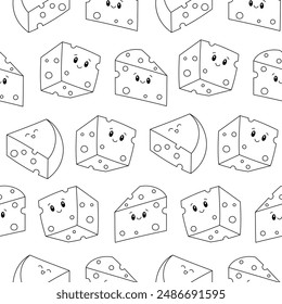 Cute kawaii cheese. Seamless pattern. Coloring Page. Funny happy food characters. Childrens restaurant menu. Hand drawn style. Vector drawing. Design ornaments.