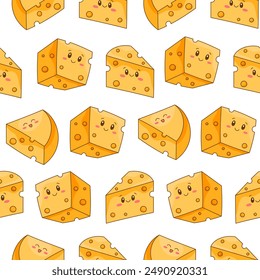 Cute kawaii cheese. Seamless pattern. Funny happy food characters. Childrens restaurant menu. Hand drawn style. Vector drawing. Design ornaments.