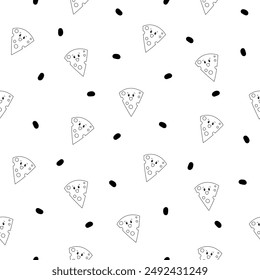 Cute kawaii cheese. Seamless pattern. Coloring Page. Funny happy food characters. Childrens restaurant menu. Hand drawn style. Vector drawing. Design ornaments.